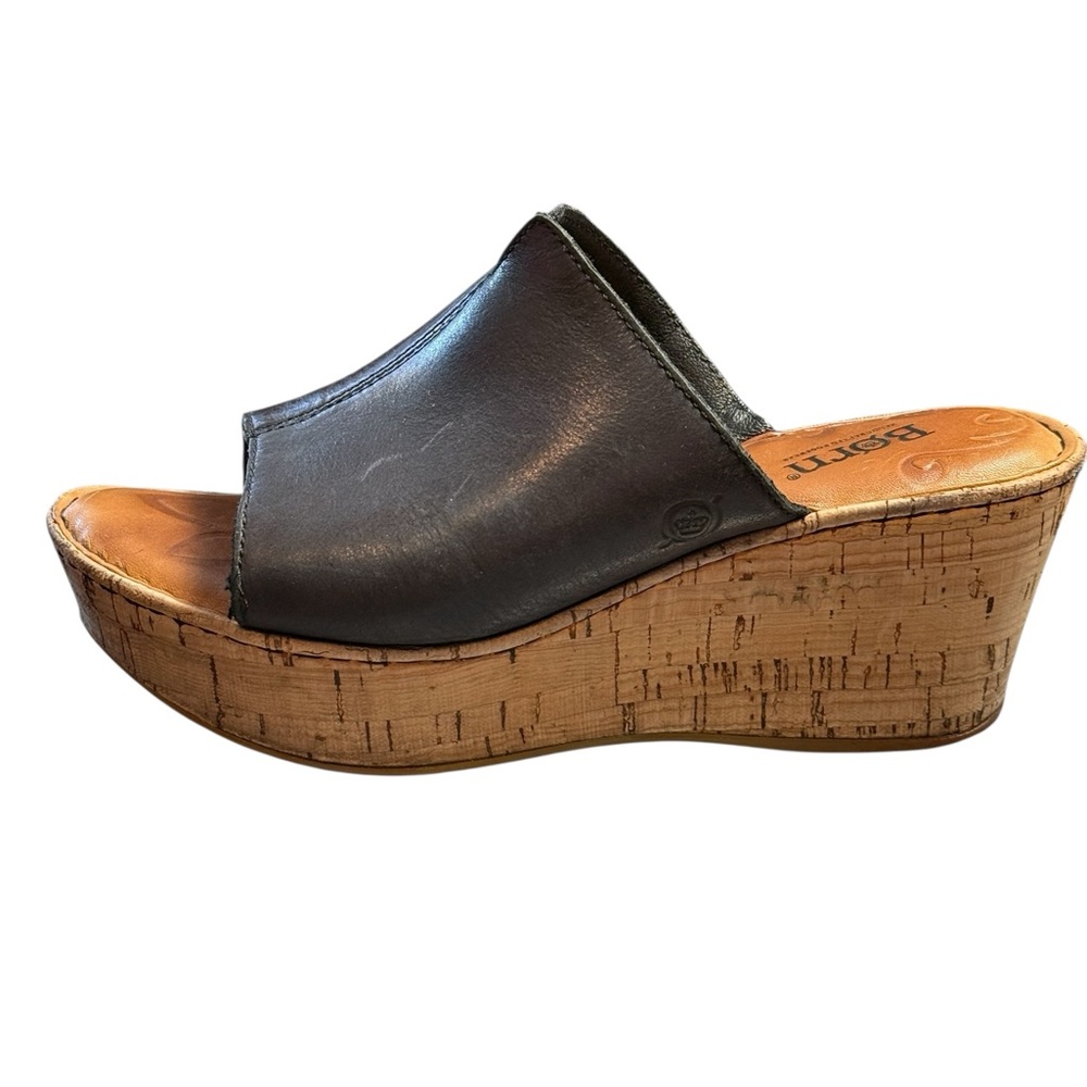 Born Black Leather Cork Wedge Espadrille Slide